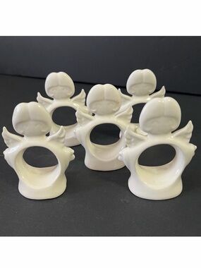 Vintage White Ceramic Angel Christmas Napkin Rings Holders Kitsch Retro MCM 5x
